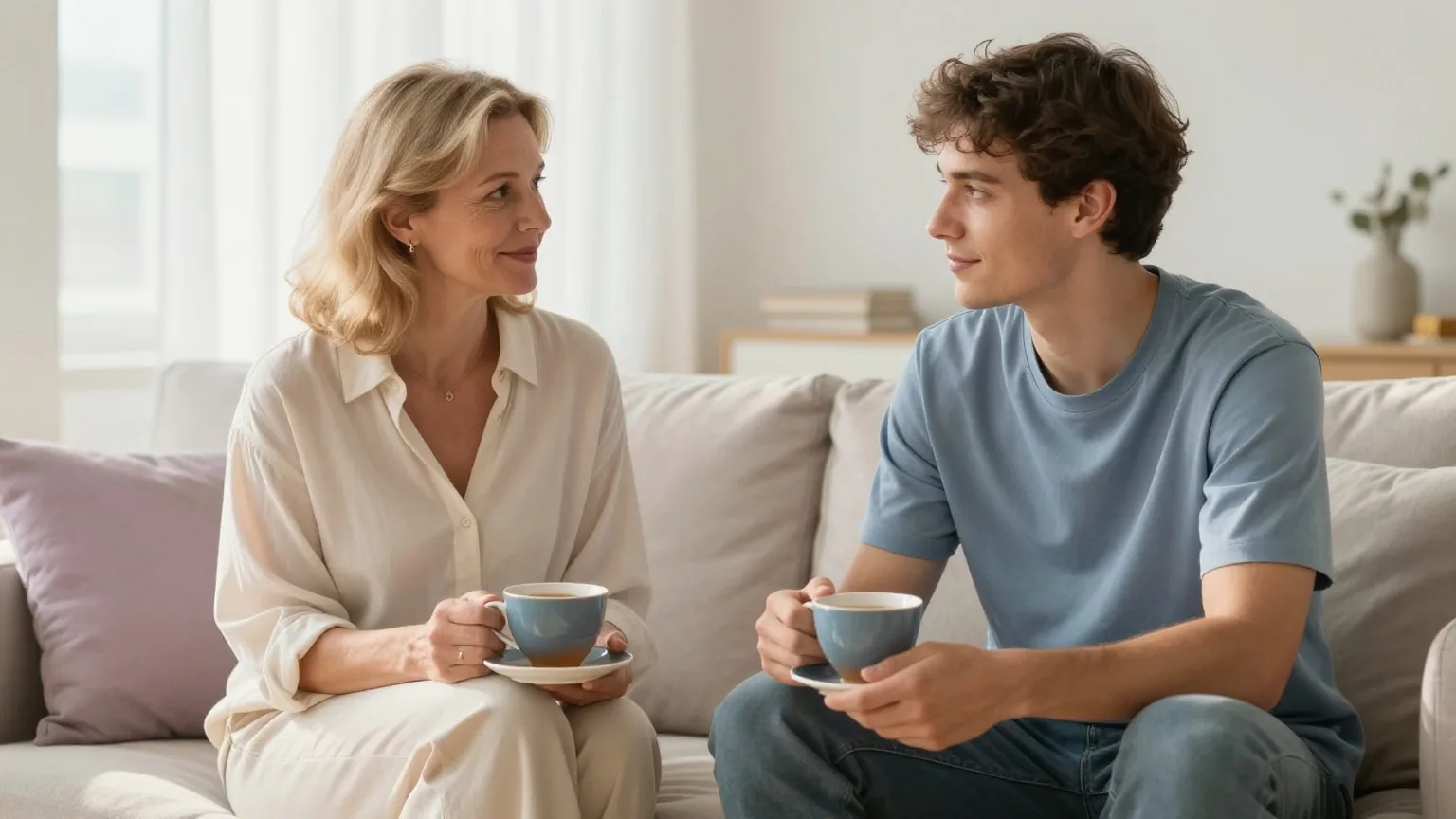 Frau in den Fünfzigern und ihr erwachsener Sohn sitzen in einem hellen Wohnzimmer nebeneinander auf dem Sofa und unterhalten sich bei einer Tasse Tee