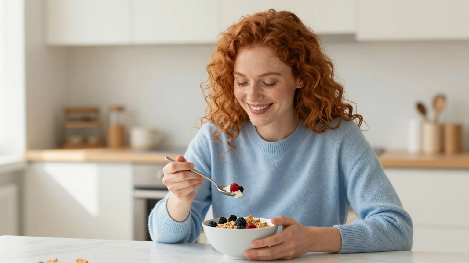 Frau in den Dreißigern isst am Morgen an einem sonnigen Küchentisch ein Müsli mit frischen Beeren