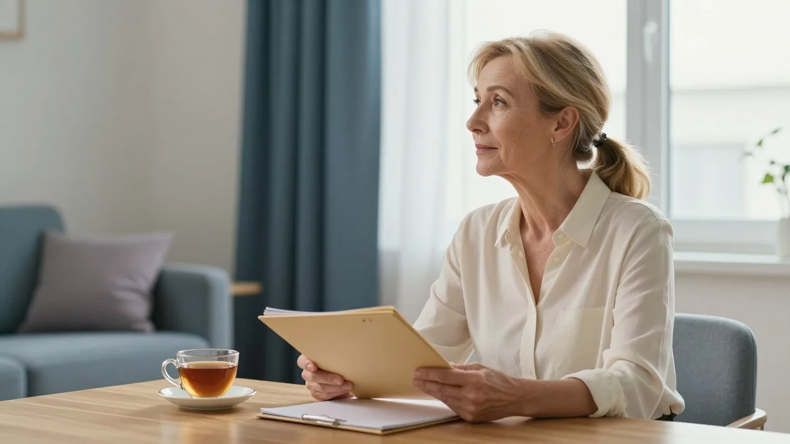 Frau in den Fünfzigern sitzt an einem Holztisch in einem hellen Wohnzimmer, vor ihr eine geschlossene Mappe und eine Tasse Tee, und schaut ruhig aus dem Fenster