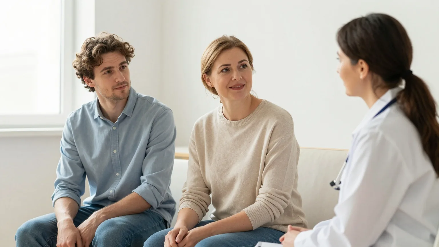 Mann Anfang dreißig, seine ältere Schwester und eine Ärztin in den Vierzigern sitzen in einem hellen Sprechzimmer zusammen und sprechen ruhig miteinander