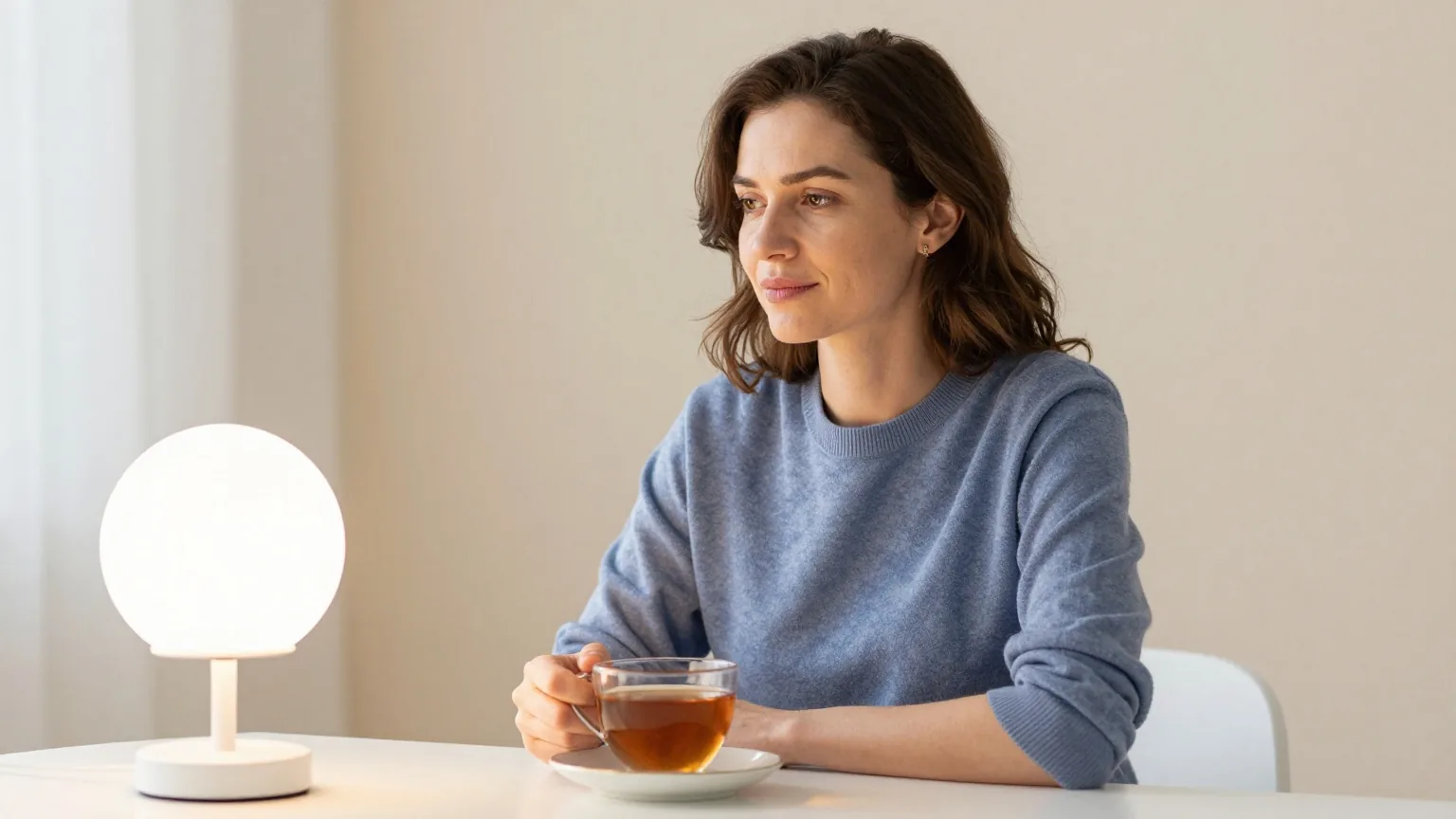 Frau Anfang vierzig sitzt an einem Wintermorgen an einem hellen Frühstückstisch, neben ihr steht eine schlichte runde weiße Tageslichtlampe