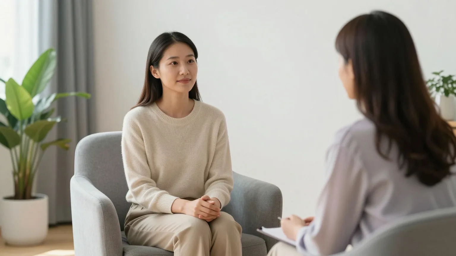 Frau in den Dreißigern sitzt in einem hellen Sprechzimmer mit Pflanzen einer Psychotherapeutin in den Fünfzigern gegenüber, beide im ruhigen Gespräch