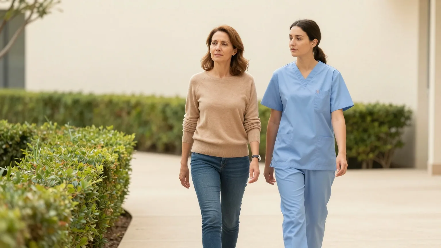 Frau in den Vierzigern geht am Morgen ruhig neben einer Pflegerin einen Gartenweg einer hellen Klinik entlang