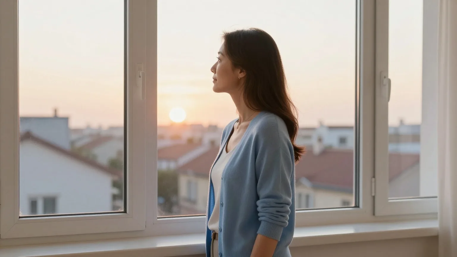 Frau Mitte vierzig steht in der Morgendämmerung an einem großen Fenster und sieht dem Sonnenaufgang über den Dächern zu