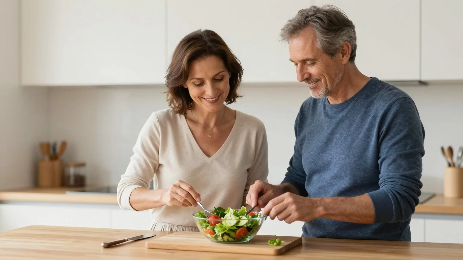 Paar in den Vierzigern bereitet in einer hellen Küche gemeinsam einen Salat zu und lächelt leicht