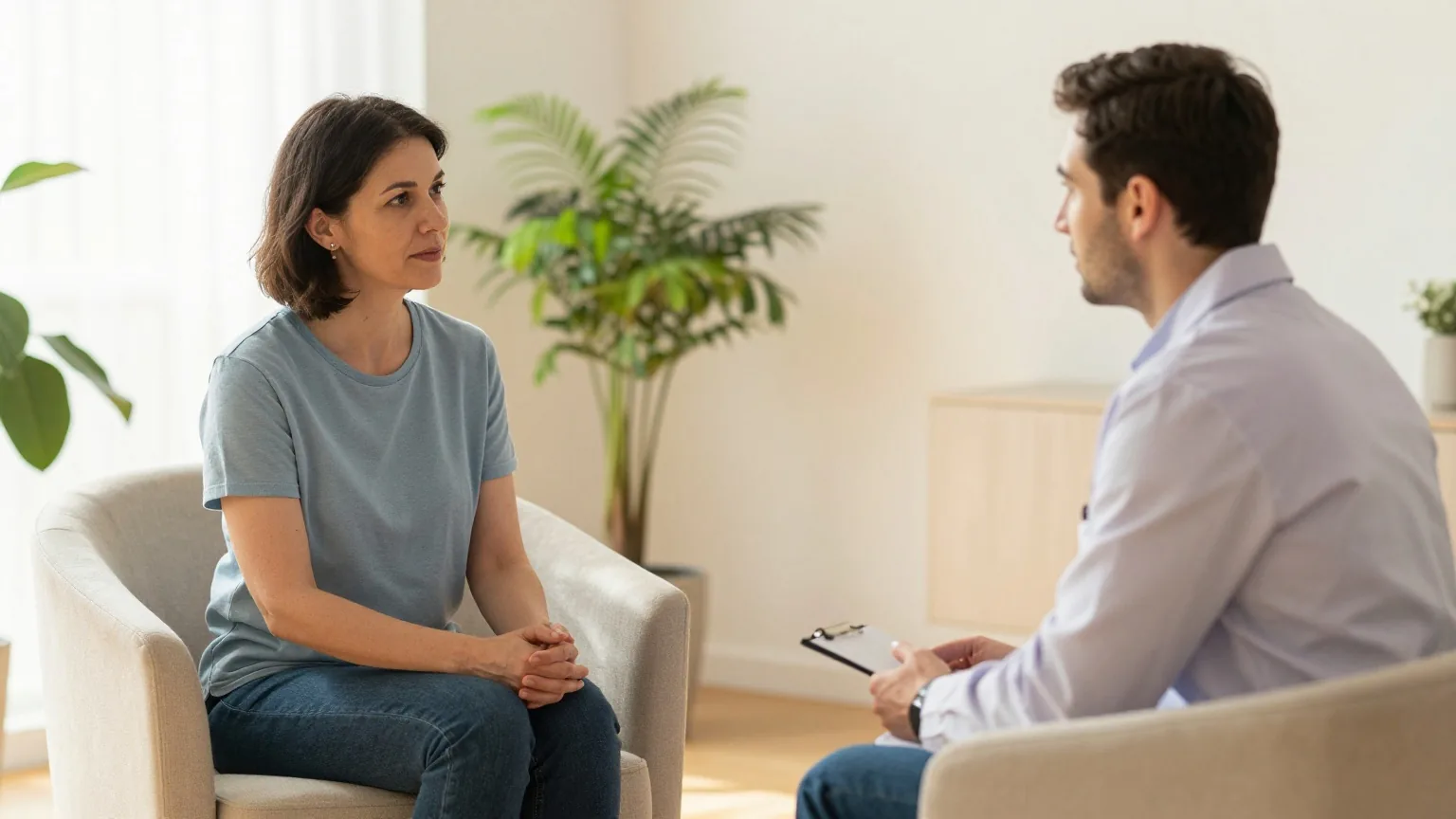 Frau in den Vierzigern und ein Arzt in den Dreißigern sitzen sich in Sesseln in einem hellen Sprechzimmer gegenüber und sprechen ruhig miteinander