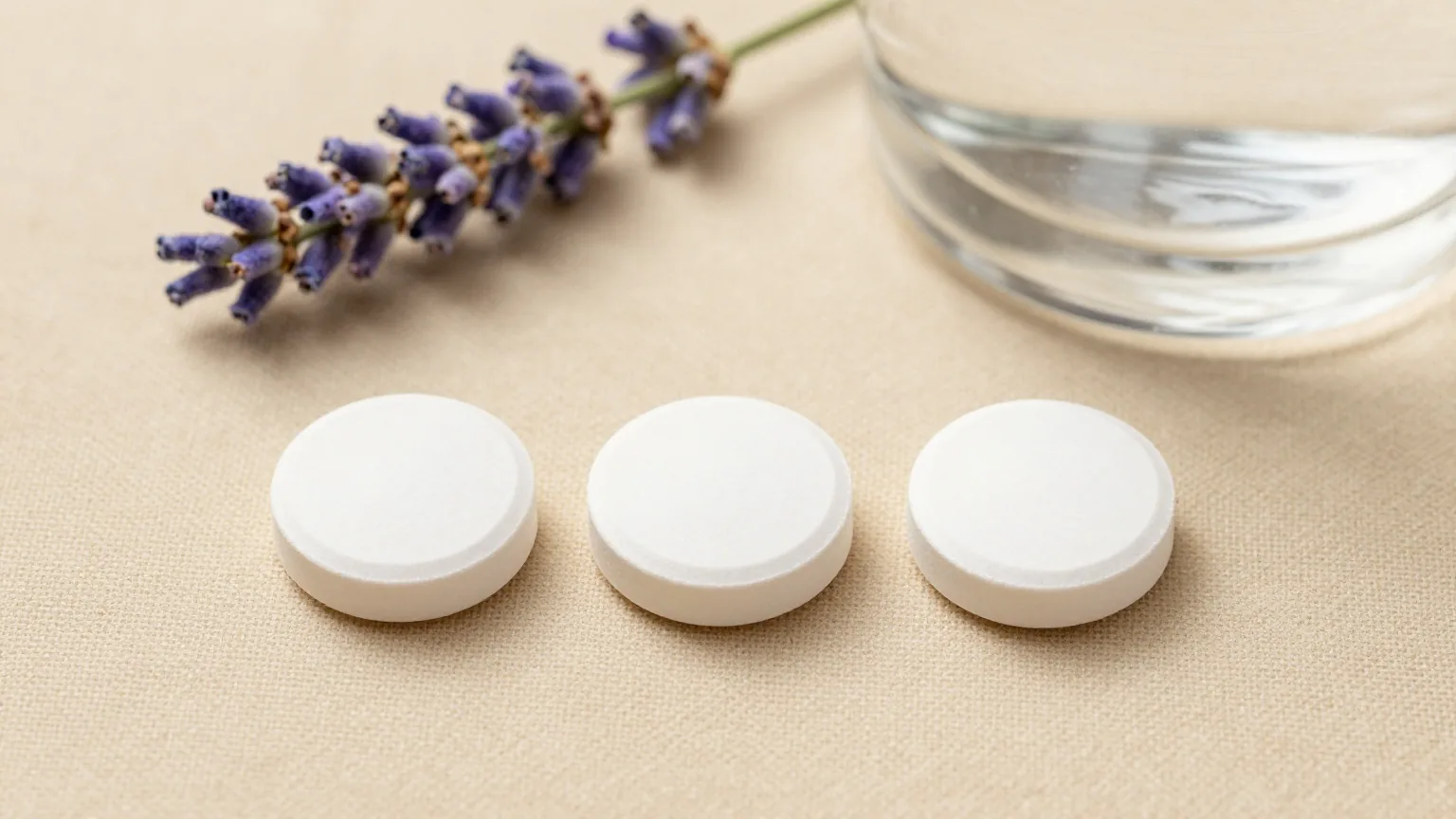 Drei weiße Tabletten ohne Prägung in einer Reihe auf sandfarbenem Leinen neben einem Glas Wasser und einem Lavendelzweig, von oben