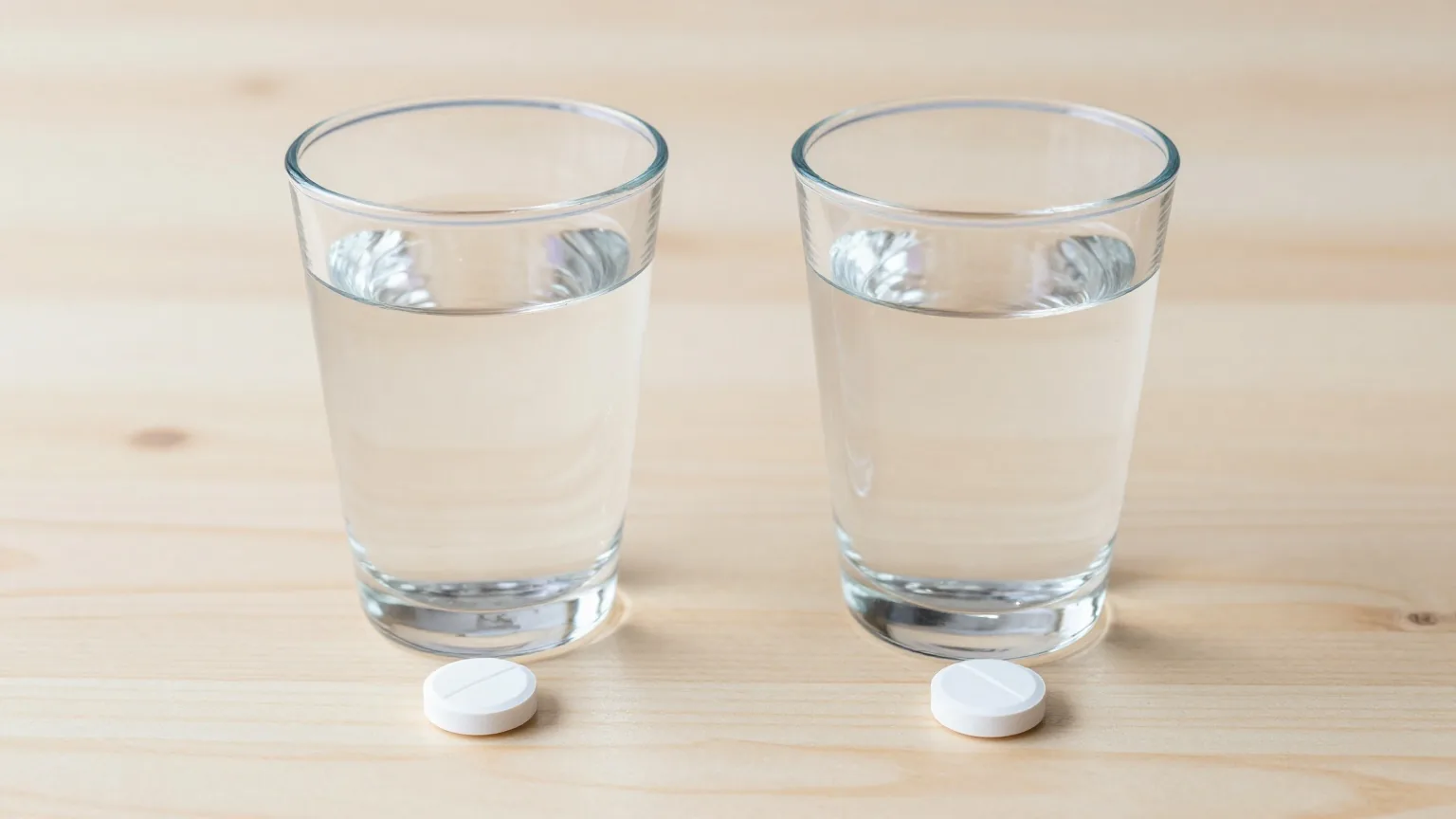 Zwei Gläser Wasser nebeneinander auf einem hellen Holztisch, vor jedem eine einzelne weiße Tablette ohne Prägung