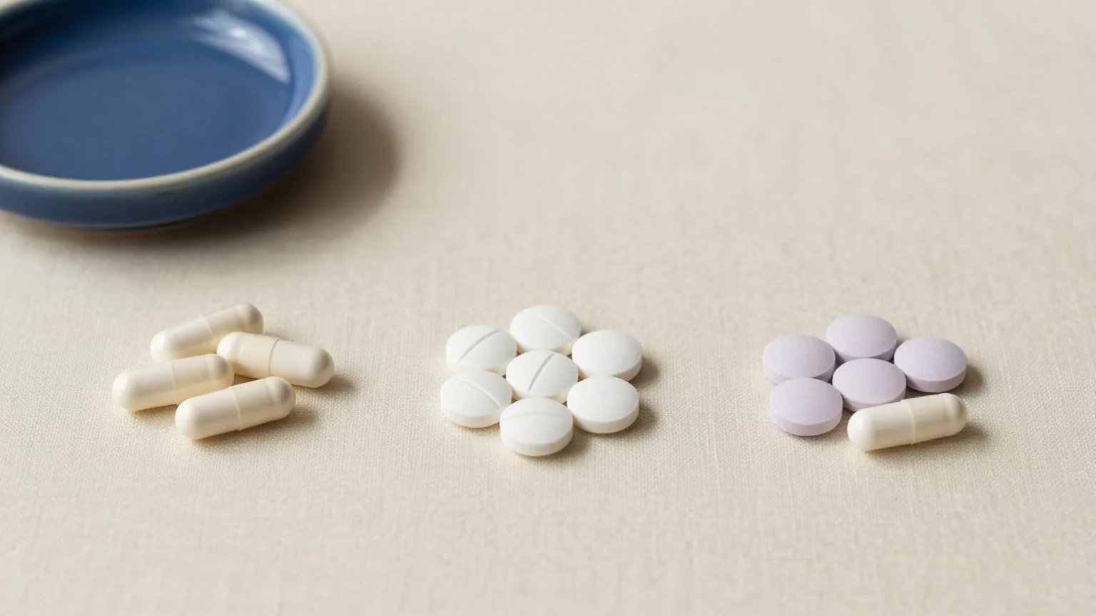 Weiße Kapseln und Tabletten ohne Prägung, in drei kleine Gruppen sortiert, auf hellem Leinen mit einer indigoblauen Schale, von oben