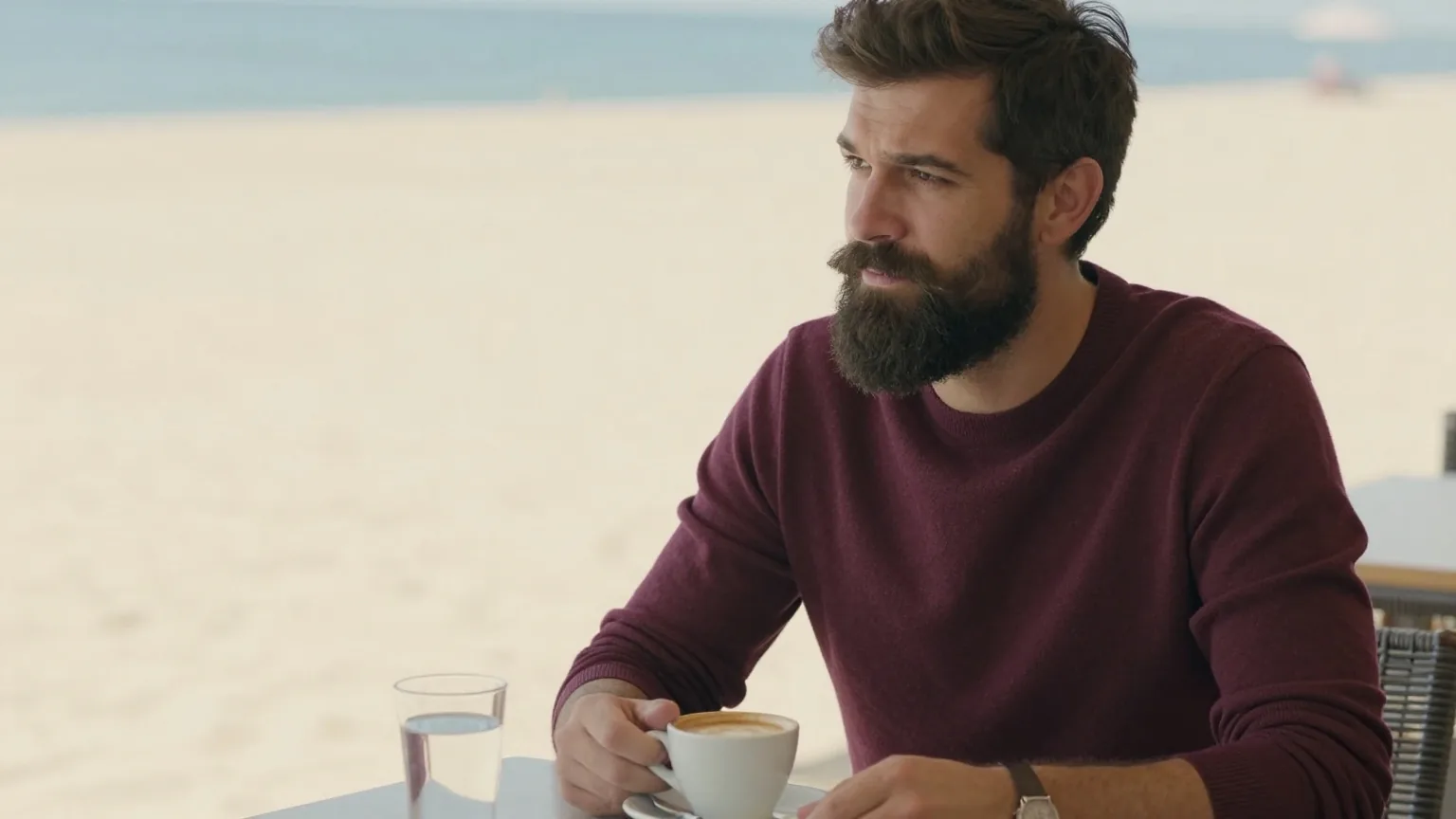 Mann in den Dreißigern mit dunklem Vollbart sitzt auf einer sonnigen Caféterrasse bei einer Tasse Kaffee und einem Glas Wasser