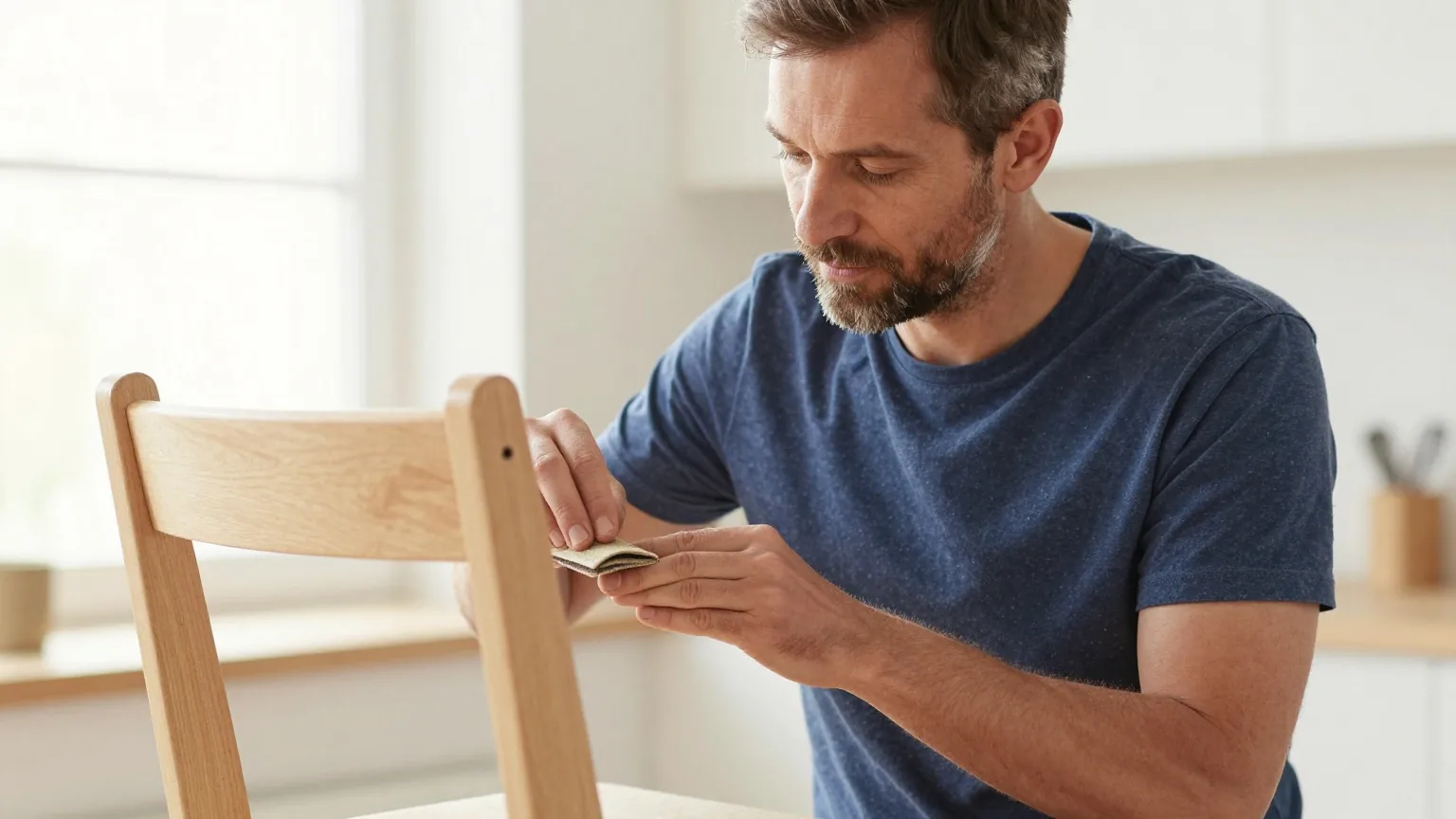 Mann Mitte vierzig schleift in einer hellen Werkstatt konzentriert und gelassen einen Holzstuhl mit Schleifpapier ab