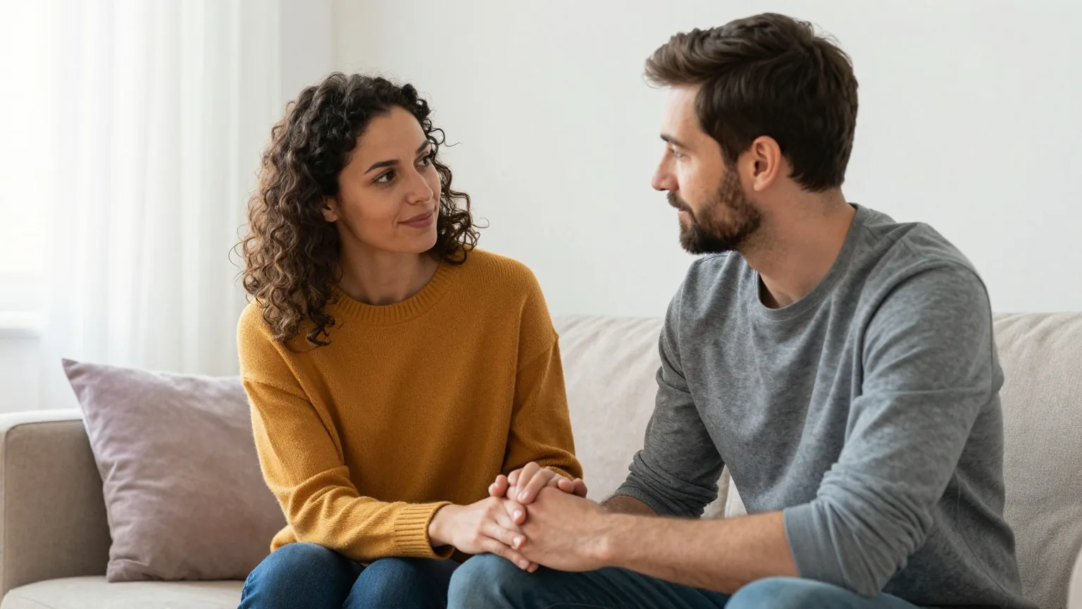 Frau Anfang dreißig und ihr Partner sitzen in einem hellen Wohnzimmer auf dem Sofa, halten sich an den Händen und sprechen ruhig miteinander