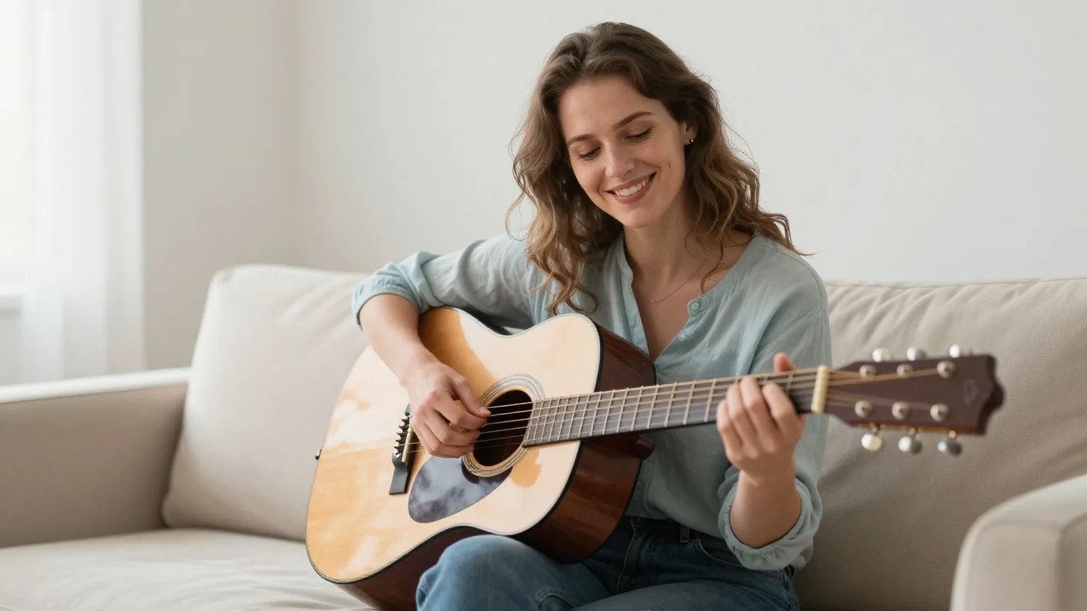 Frau in den Dreißigern spielt auf dem Sofa in einem hellen Wohnzimmer Gitarre