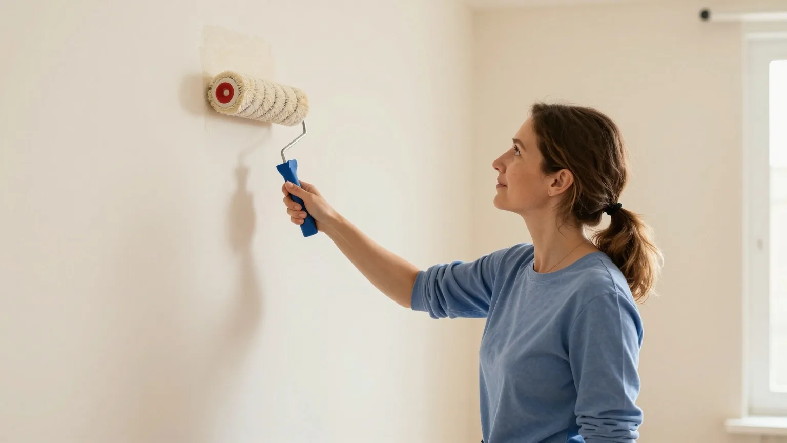 Frau Ende dreißig streicht in einem hellen, leeren Zimmer mit einer Farbrolle eine Wand
