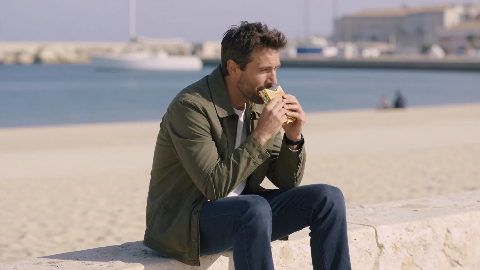 Mann in den Vierzigern sitzt in der Mittagspause auf einer niedrigen Steinmauer am Hafen und isst ein belegtes Brot