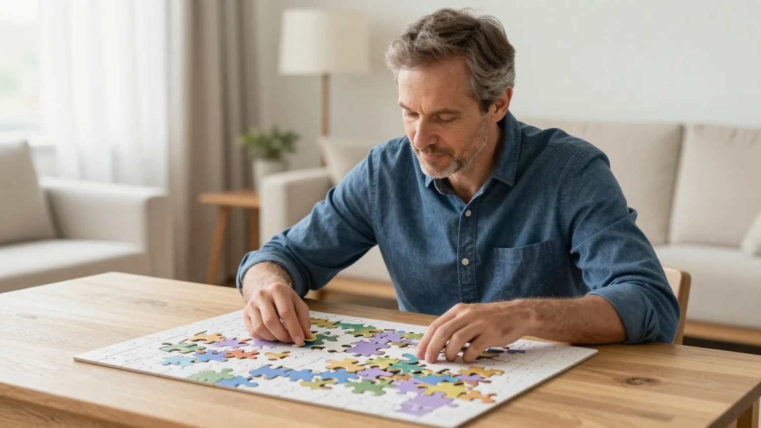 Mann in den Fünfzigern legt an einem Holztisch im Wohnzimmer ruhig ein großes Puzzle