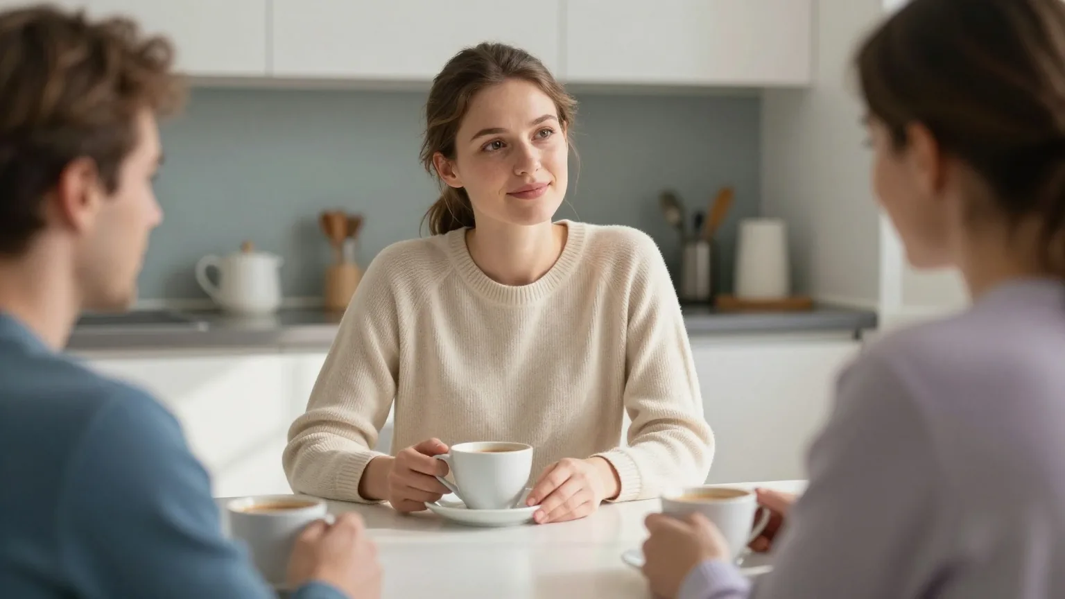 Frau Anfang dreißig und ihr Partner sitzen am Küchentisch im Morgenlicht und sprechen bei einer Tasse Kaffee ruhig miteinander