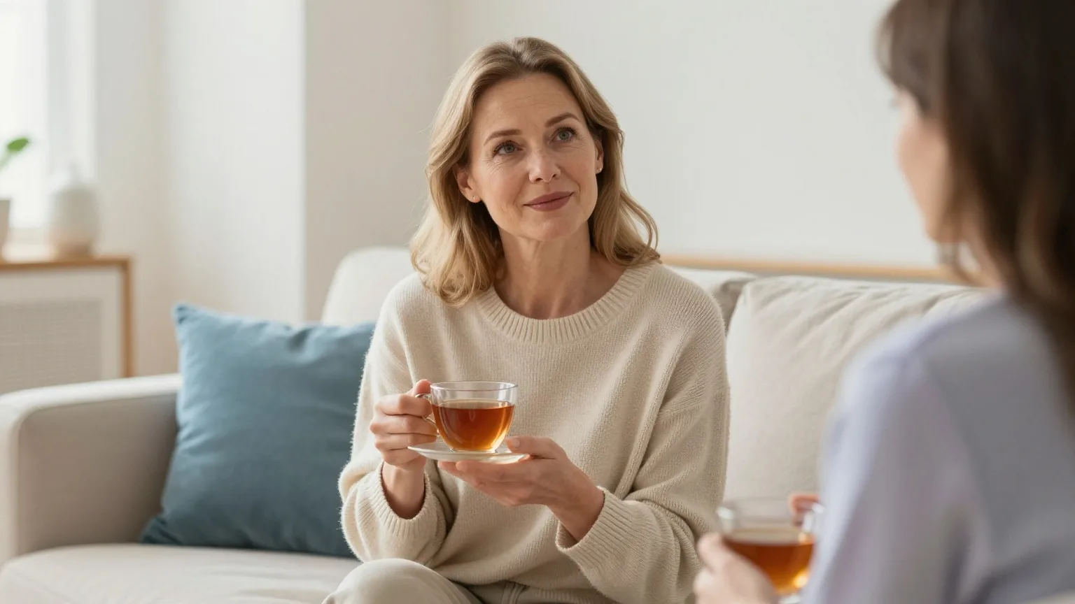 Frau in den Vierzigern sitzt mit einer Tasse Tee auf dem Sofa in einem hellen Wohnzimmer und spricht ruhig mit einer Freundin