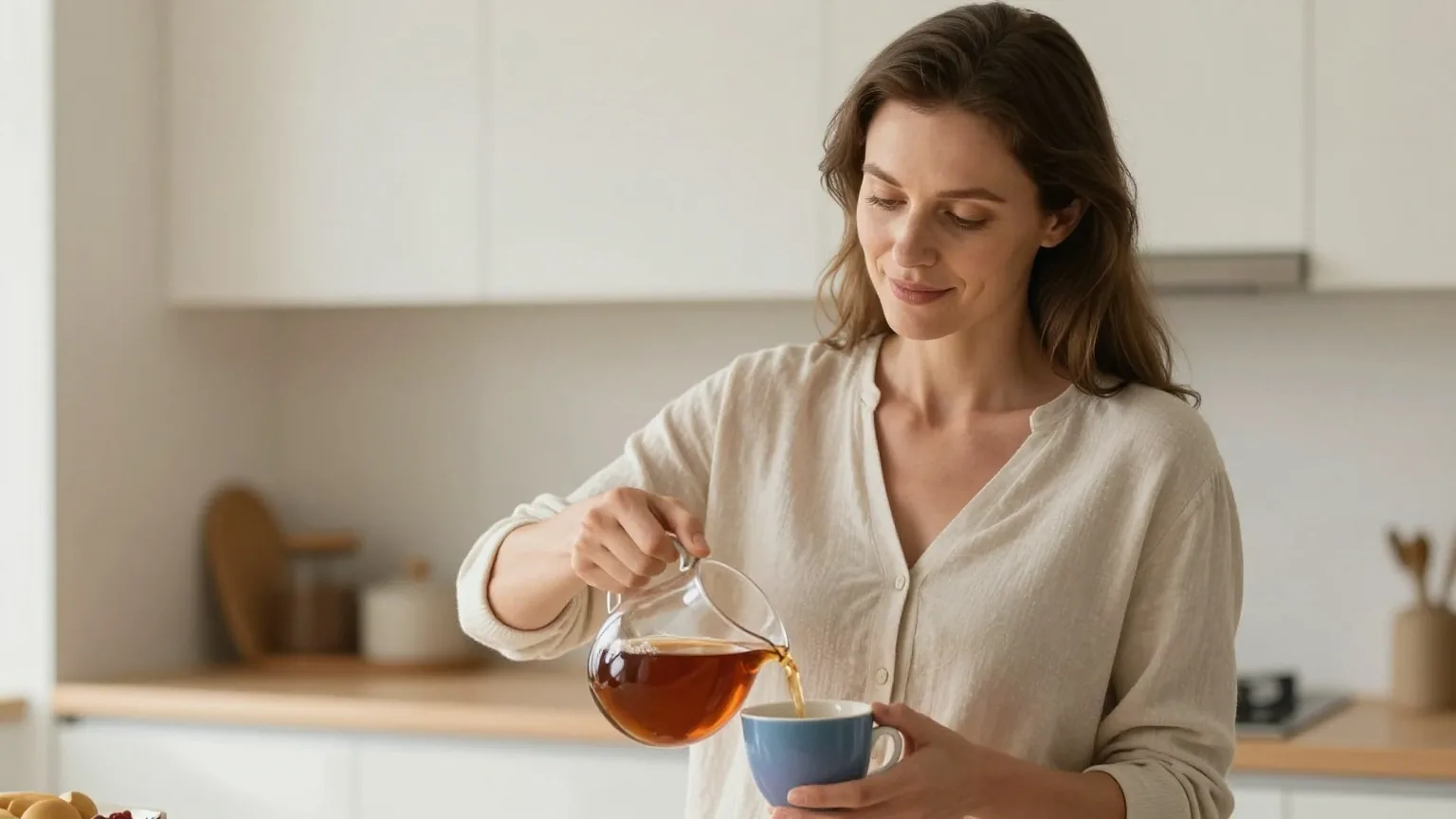 Frau Ende dreißig steht am Morgen in einer hellen Küche und gießt sich in Ruhe eine Tasse Tee ein