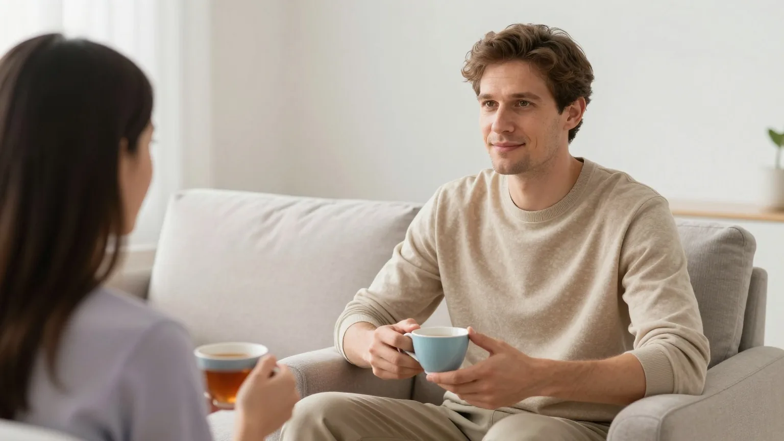 Mann Ende dreißig sitzt in einem hellen Wohnzimmer im Sessel und spricht mit seiner Partnerin, beide halten eine Tasse Tee