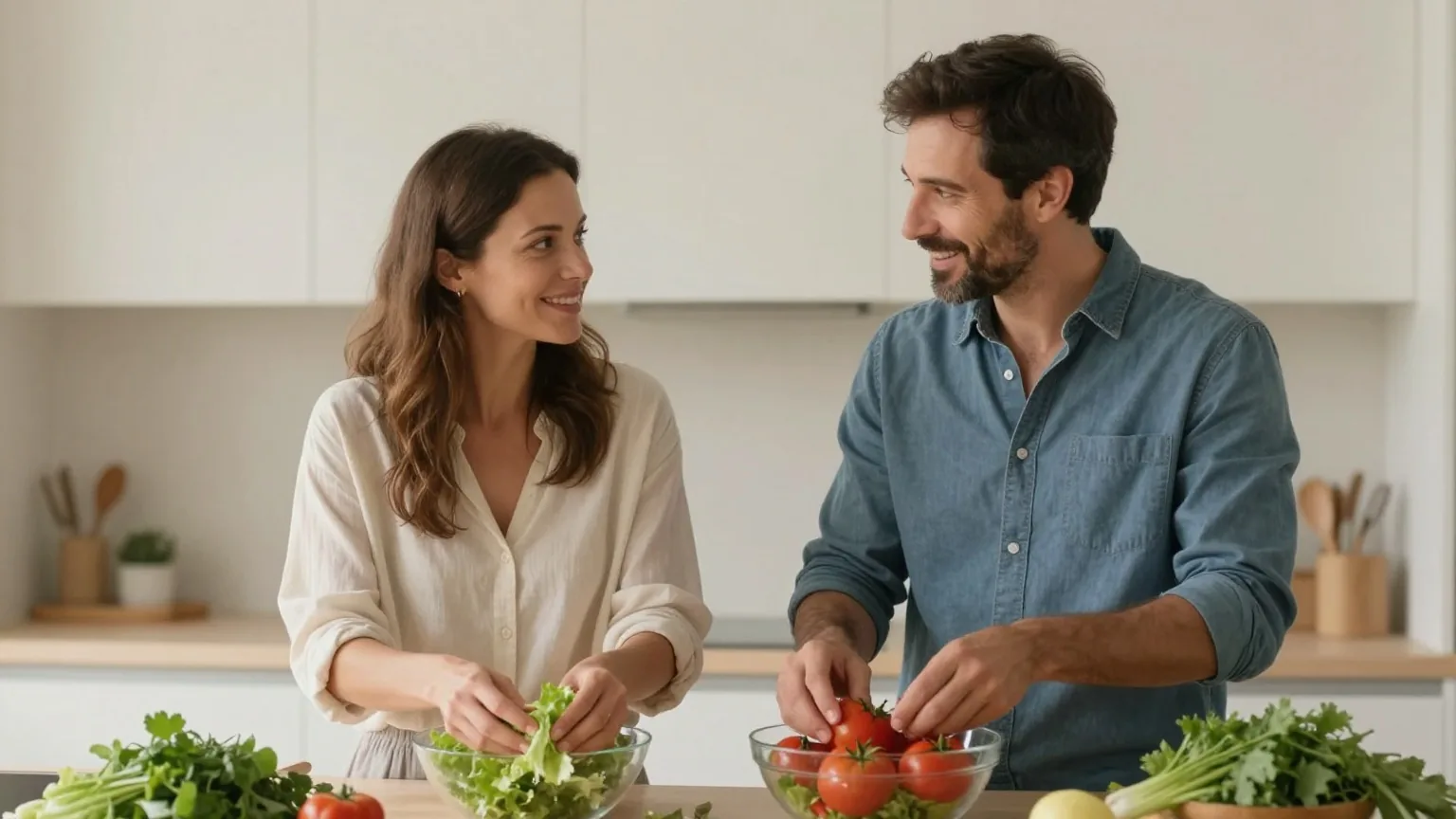 Frau Anfang vierzig und ihr jüngerer Bruder bereiten in einer hellen Küche gemeinsam einen Salat zu und unterhalten sich entspannt