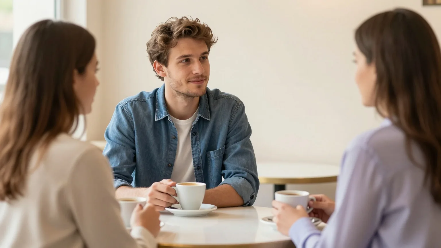 Mann Ende zwanzig sitzt in einem hellen Café an einem Tisch am Rand und hört einer Freundin zu, beide trinken Kaffee