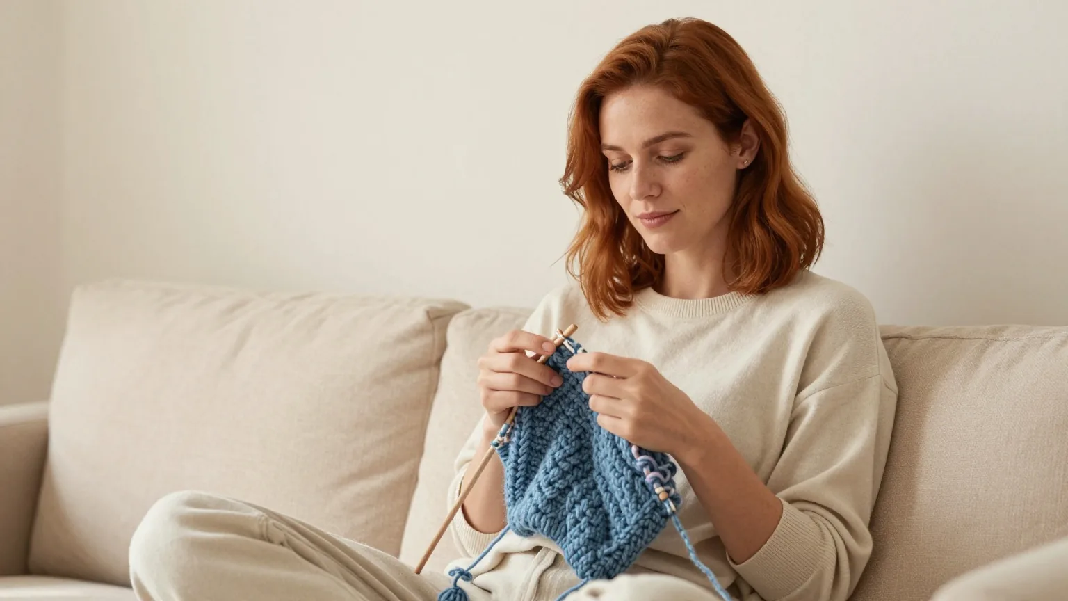 Frau Anfang dreißig mit schulterlangem rotbraunem Haar sitzt entspannt auf einem Sofa in einem hellen Wohnzimmer und strickt mit indigoblauer Wolle
