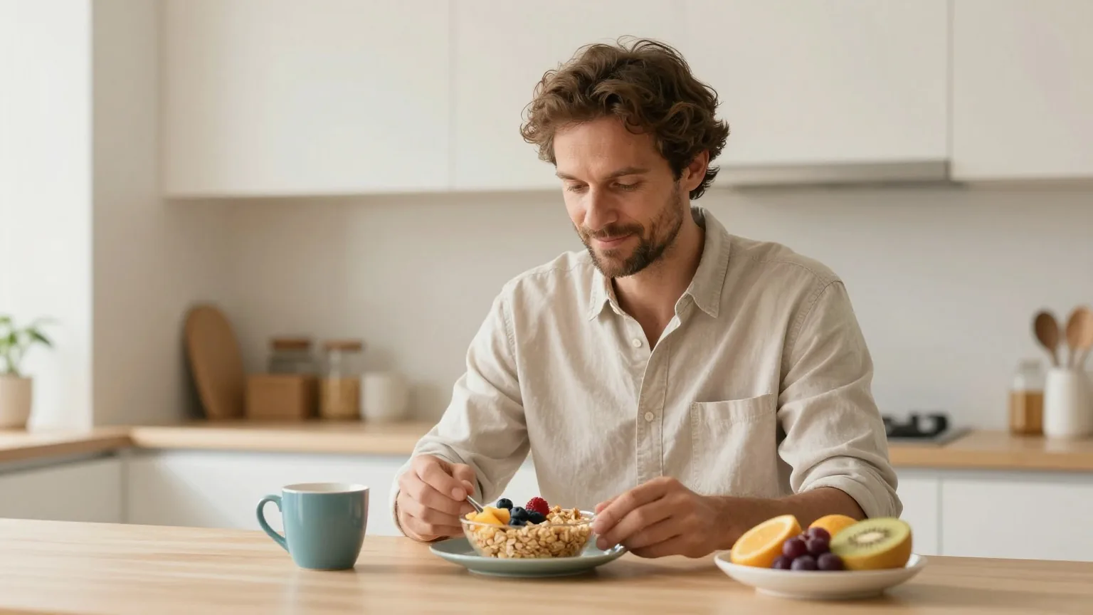 Mann Ende dreißig bereitet am Morgen in einer hellen Küche ein Frühstück mit Obst und Haferflocken zu