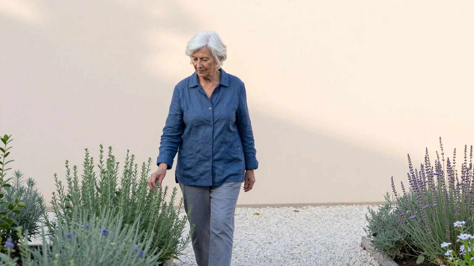Frau Anfang sechzig geht am frühen Abend langsam durch einen ruhigen Kräutergarten und berührt die Blätter einer Pflanze