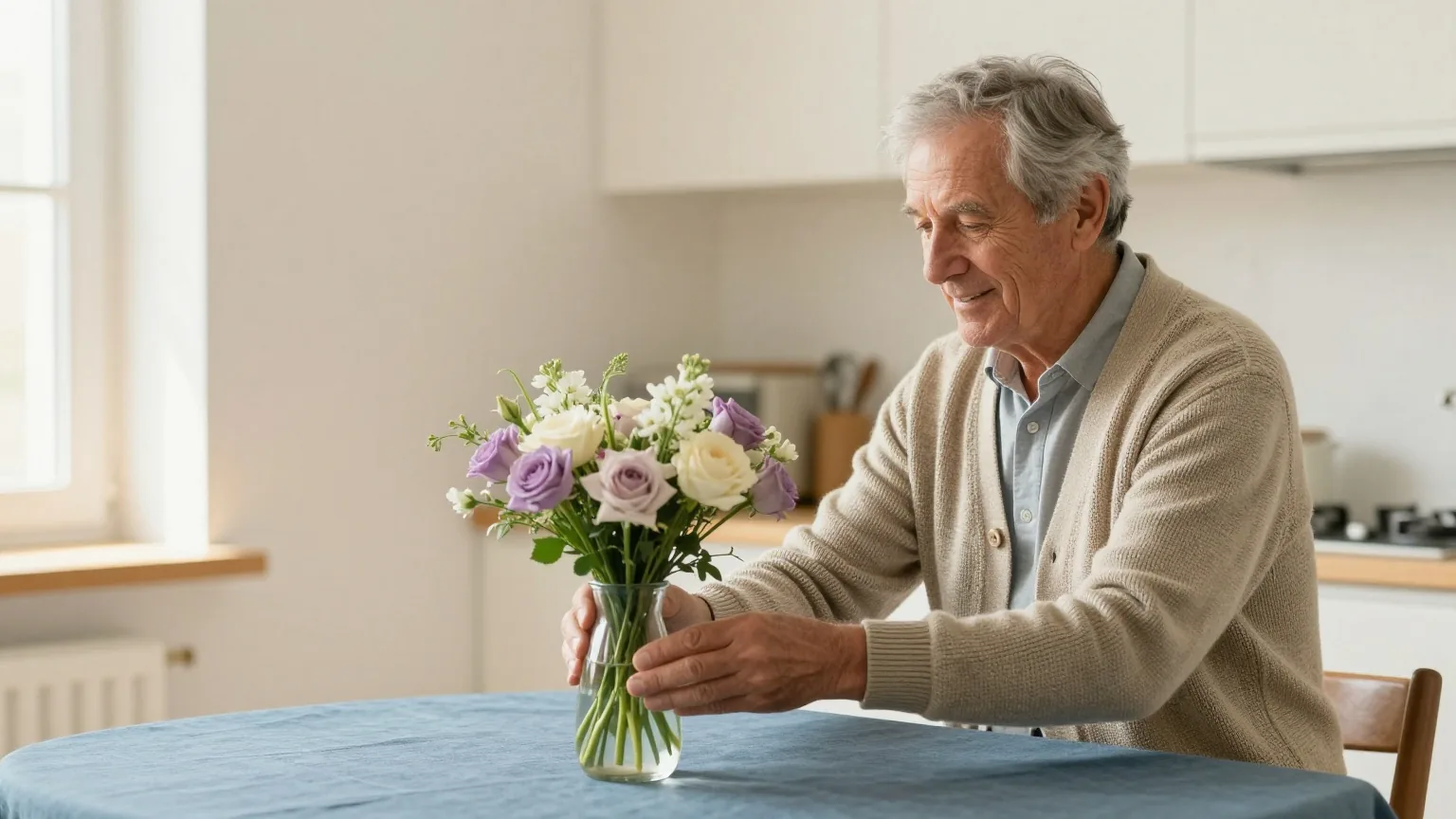 Mann in den Sechzigern mit kurzen grauen Haaren und Strickjacke stellt an einem sonnigen Küchentisch ruhig frische Blumen in eine Vase