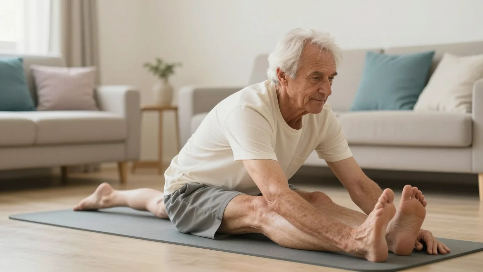 Mann Ende sechzig mit weißem Haar macht am Vormittag in einem hellen Wohnzimmer auf einer Gymnastikmatte ruhige Dehnübungen