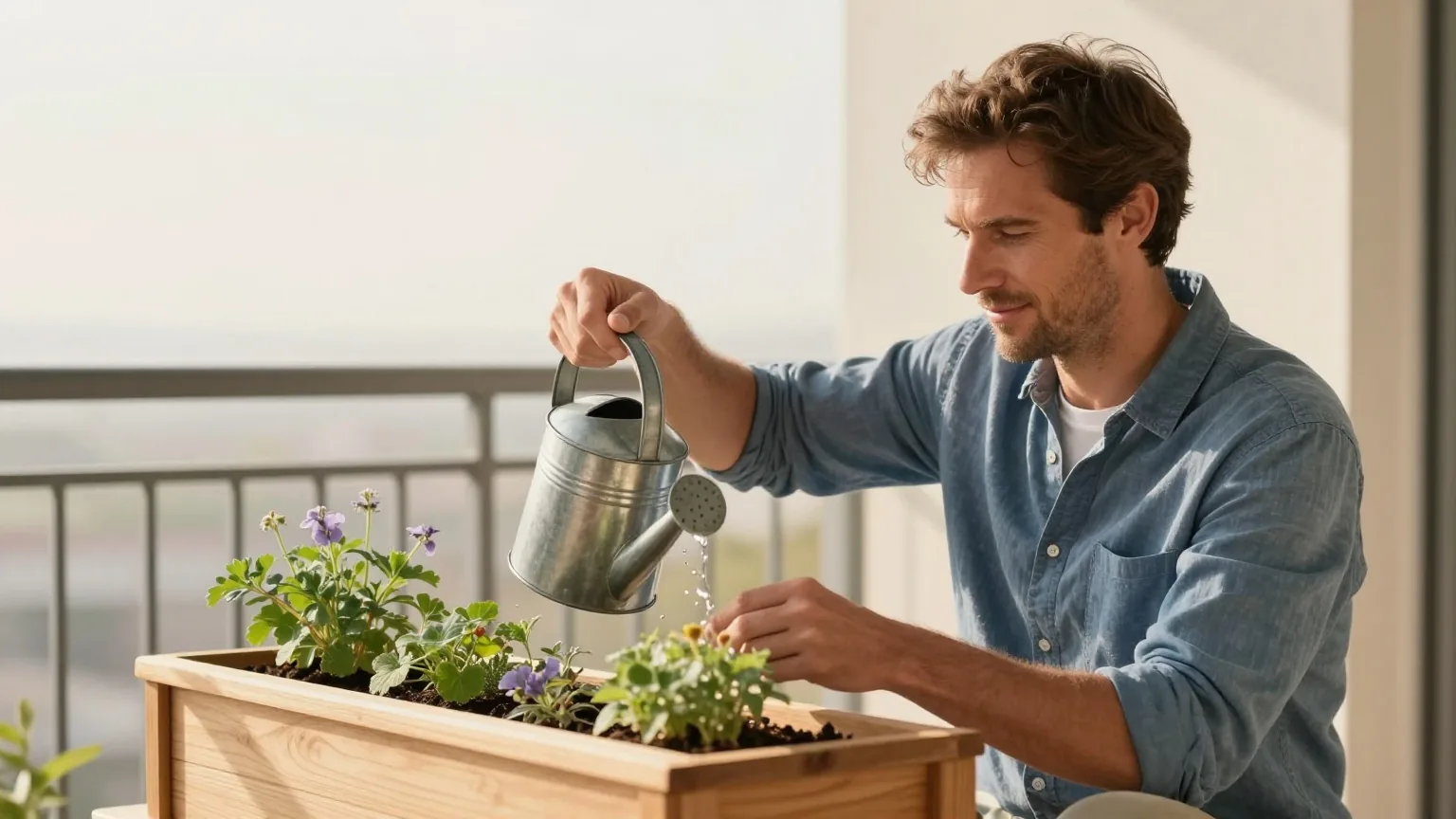 Mann Anfang vierzig gießt am Morgen auf einem sonnigen Balkon Kräuter in hellen Holzkästen und wirkt ruhig und konzentriert