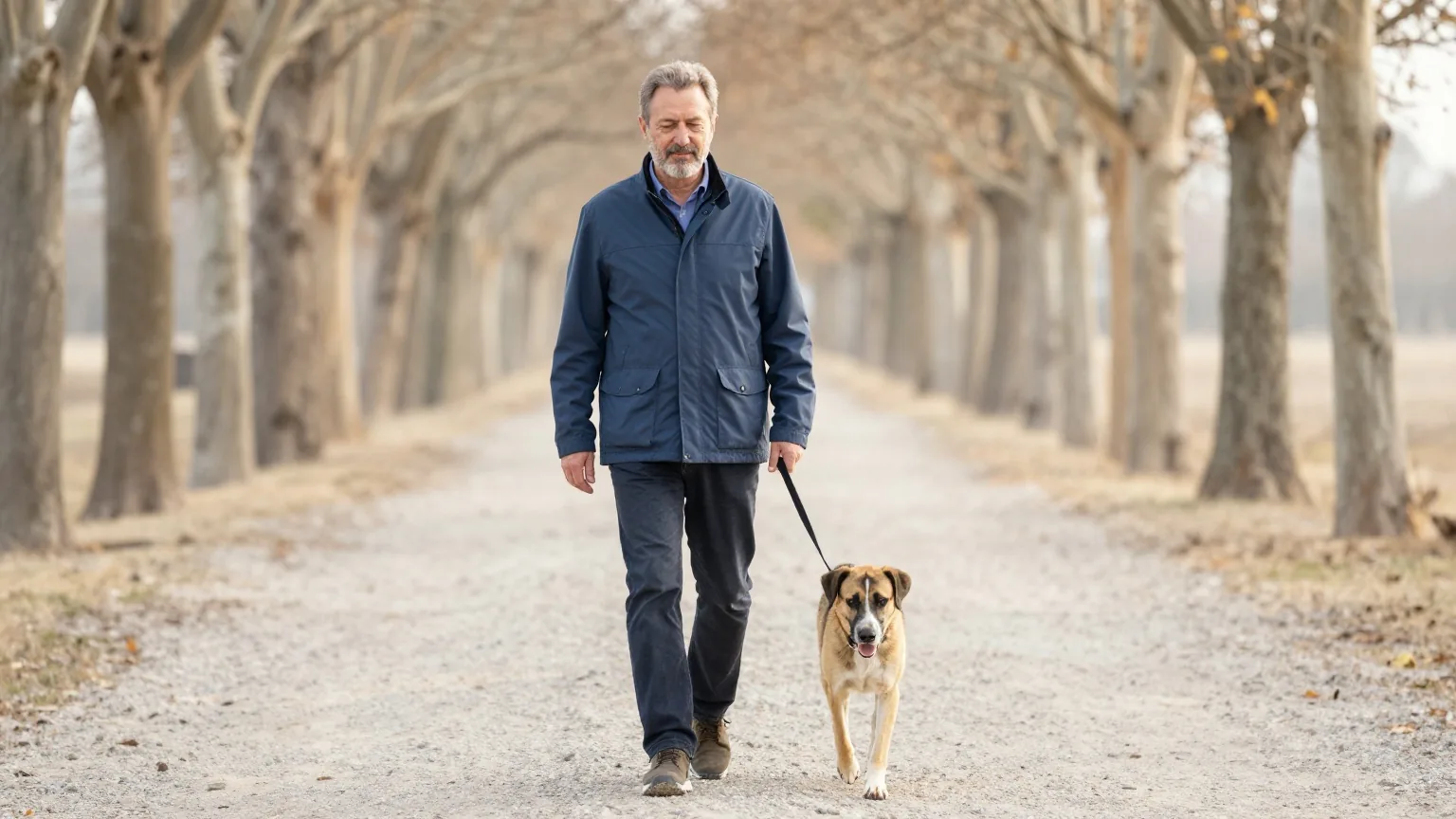 Mann Ende fünfzig mit kurzem grauem Bart geht an einem milden Morgen mit seinem Hund einen ruhigen, von Bäumen gesäumten Kiesweg entlang