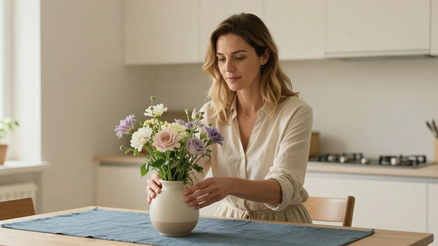 Frau Mitte dreißig stellt am Morgen frische Blumen in eine Vase auf dem hellen Küchentisch