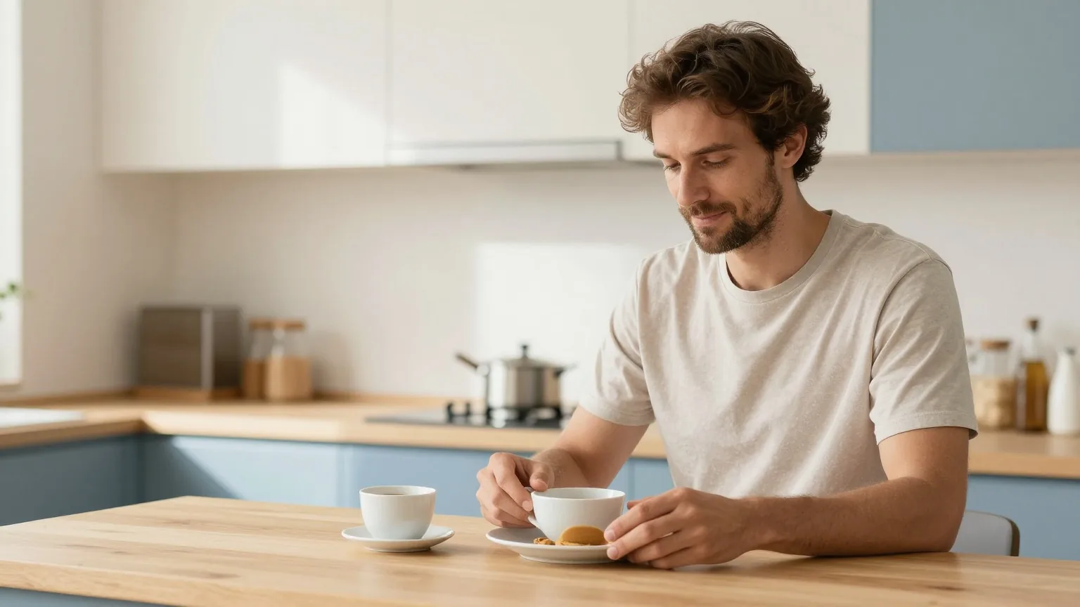 Mann Mitte dreißig bereitet am Morgen an einer hellen Holzarbeitsplatte in der Küche in Ruhe ein einfaches Frühstück zu