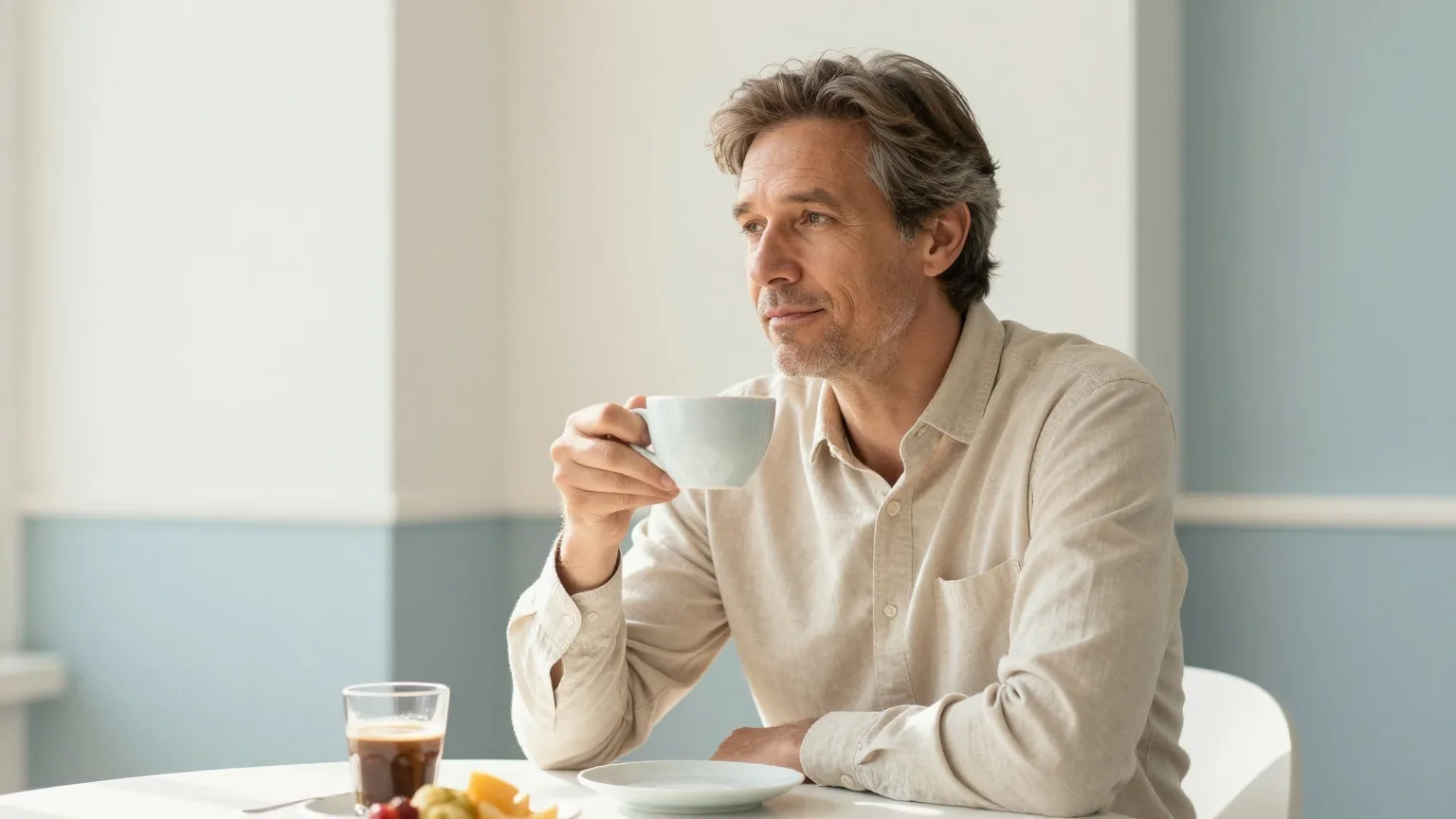 Mann Mitte vierzig sitzt morgens ausgeruht mit einer Tasse Kaffee an einem hellen Frühstückstisch