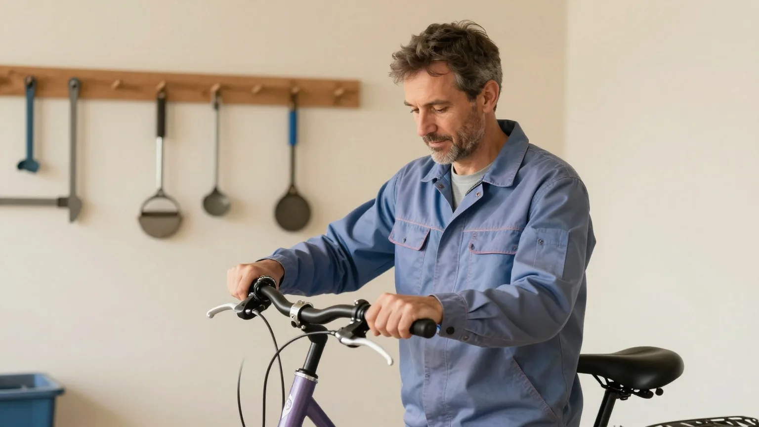 Mann Mitte vierzig repariert an einem sonnigen Vormittag in einer aufgeräumten Garage gelassen ein Fahrrad