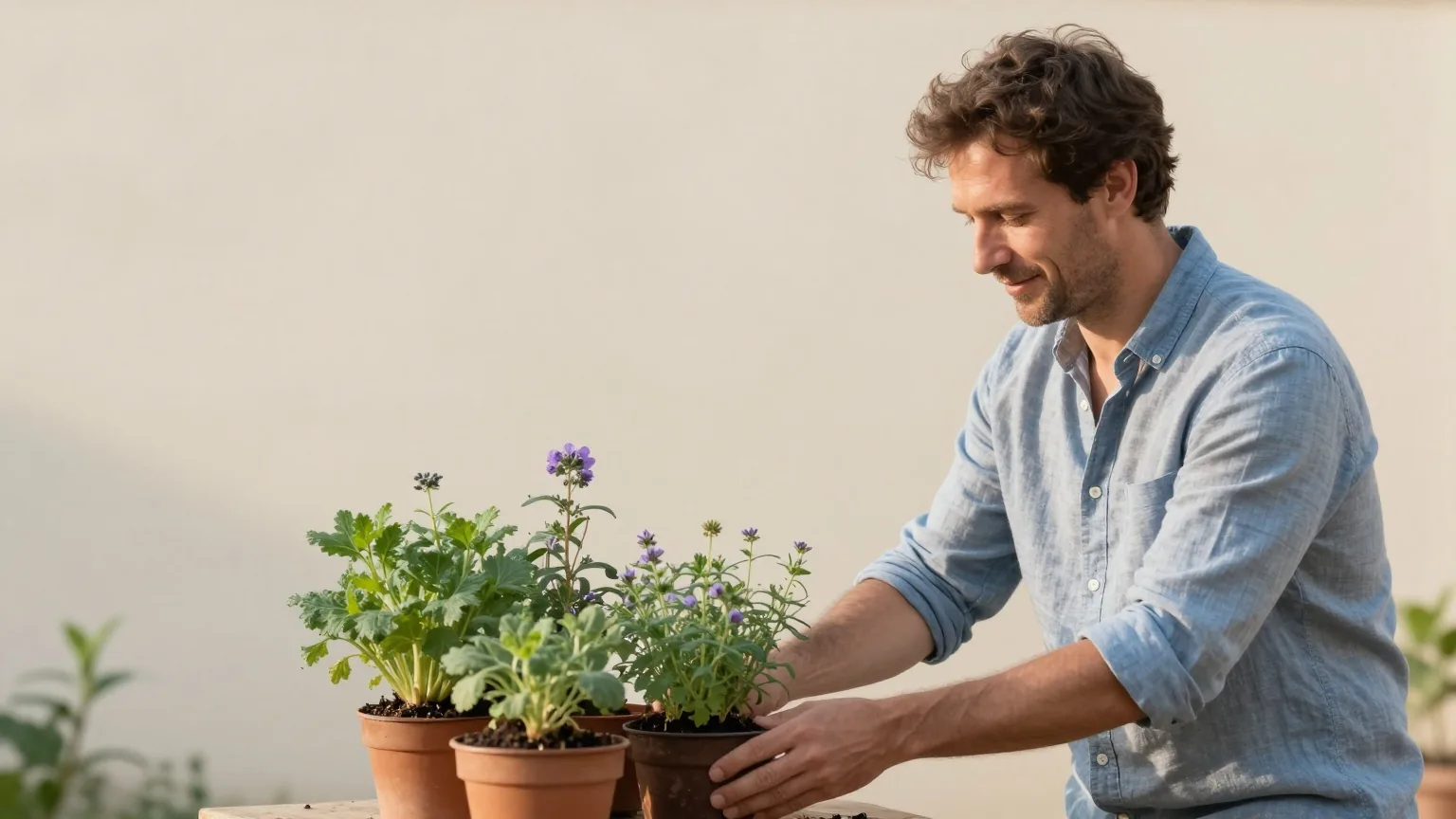 Mann Ende dreißig pflegt an einem ruhigen Sommermorgen Kräuter in einem kleinen Schrebergarten
