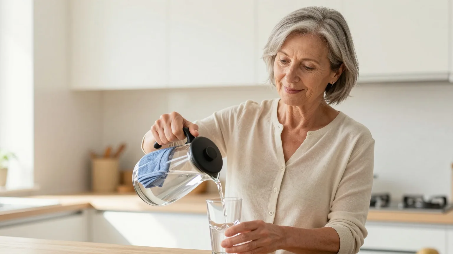 Frau in den Fünfzigern mit kurzen grauen Haaren schenkt sich in einer hellen Küche morgens ein Glas Wasser ein