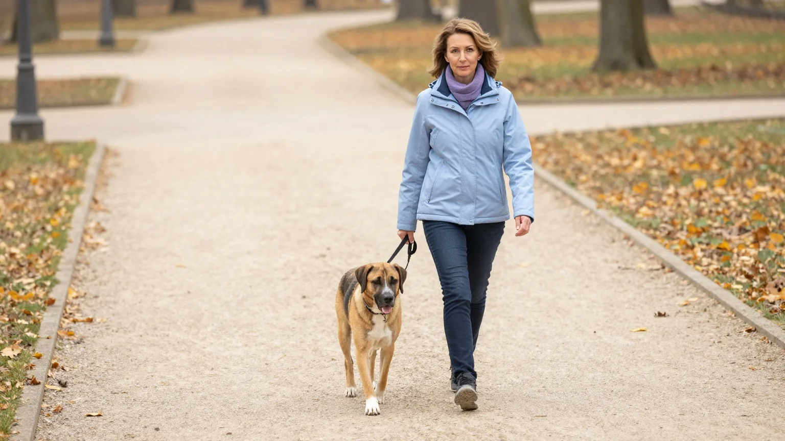 Frau Ende vierzig geht an einem milden Herbstmorgen mit einem mittelgroßen Hund einen ruhigen Parkweg entlang