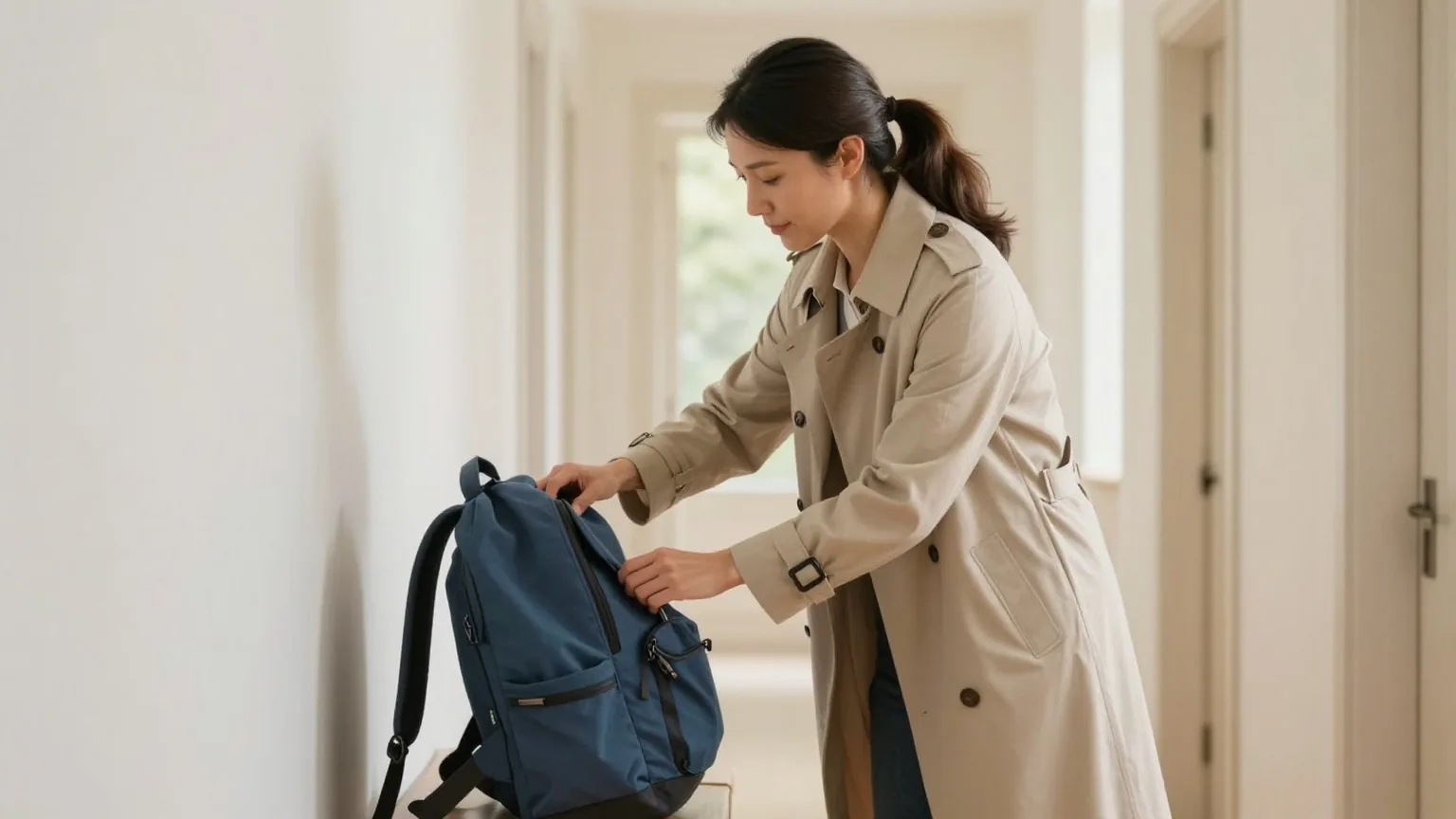 Frau Mitte dreißig packt am Morgen im hellen Flur ihren Rucksack, bevor sie das Haus verlässt