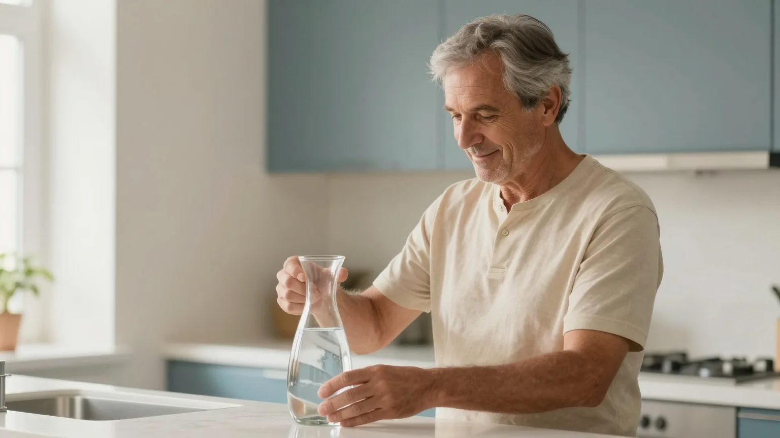 Mann Ende vierzig hält am Morgen an einer hellen Küchenarbeitsfläche eine Glaskaraffe mit Wasser