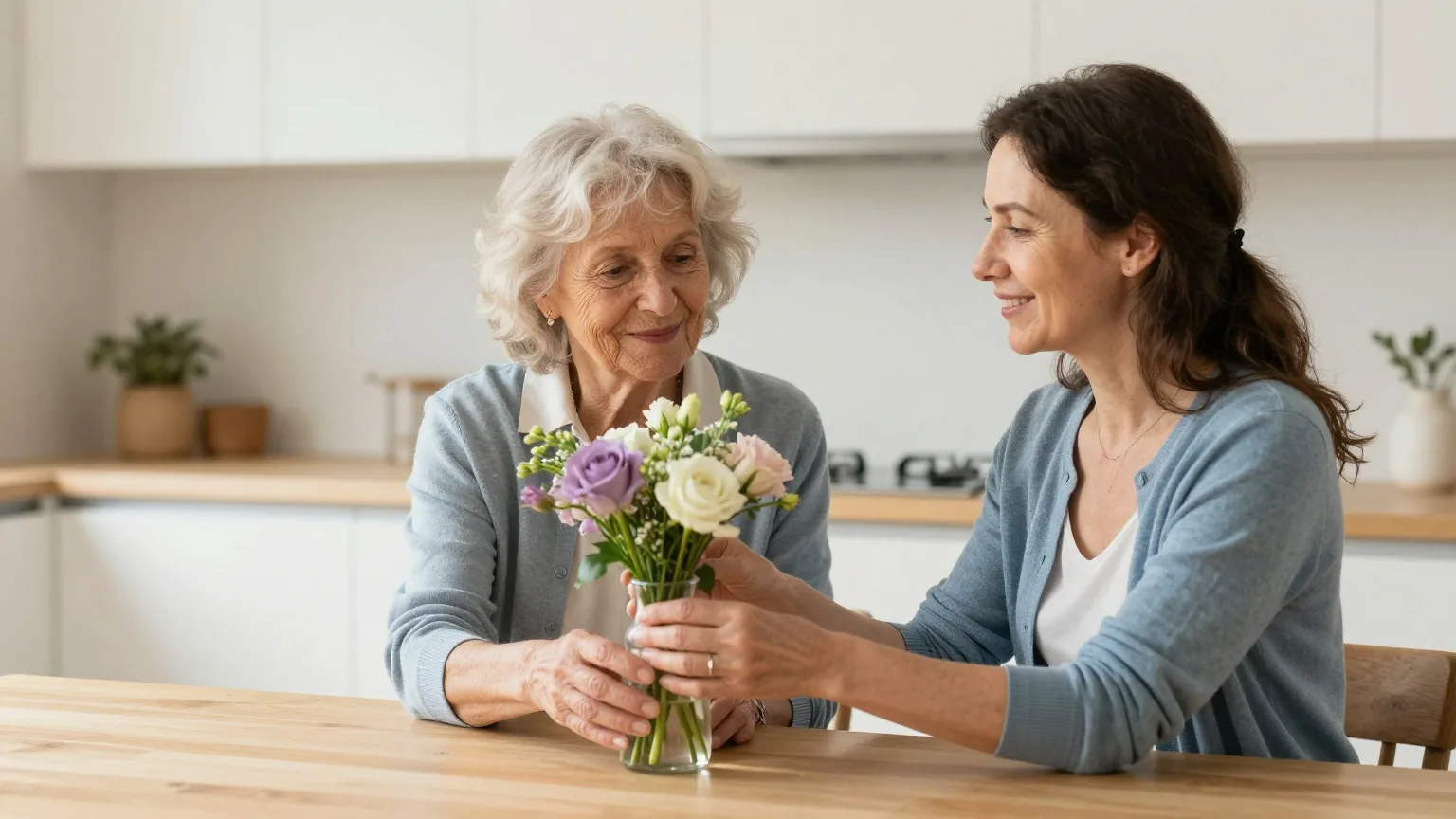 Frau Ende siebzig und ihre erwachsene Tochter ordnen am Morgen an einem hellen Holztisch gemeinsam frische Blumen in eine Vase