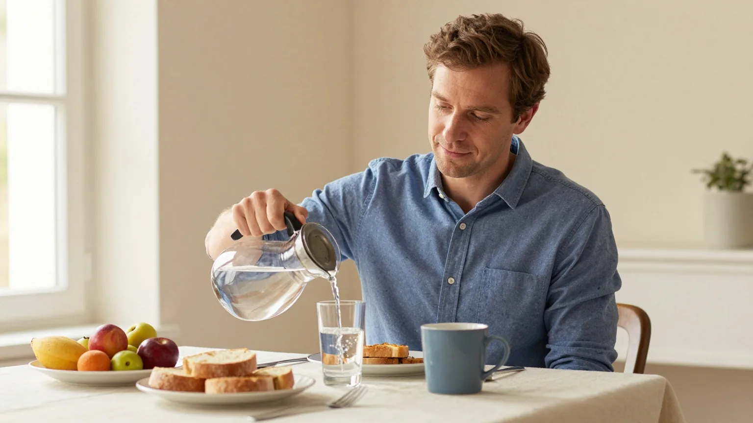 Mann in den Dreißigern mit kurzen braunen Haaren schenkt sich nach dem Frühstück an einem sonnigen Tisch ein Glas Wasser ein