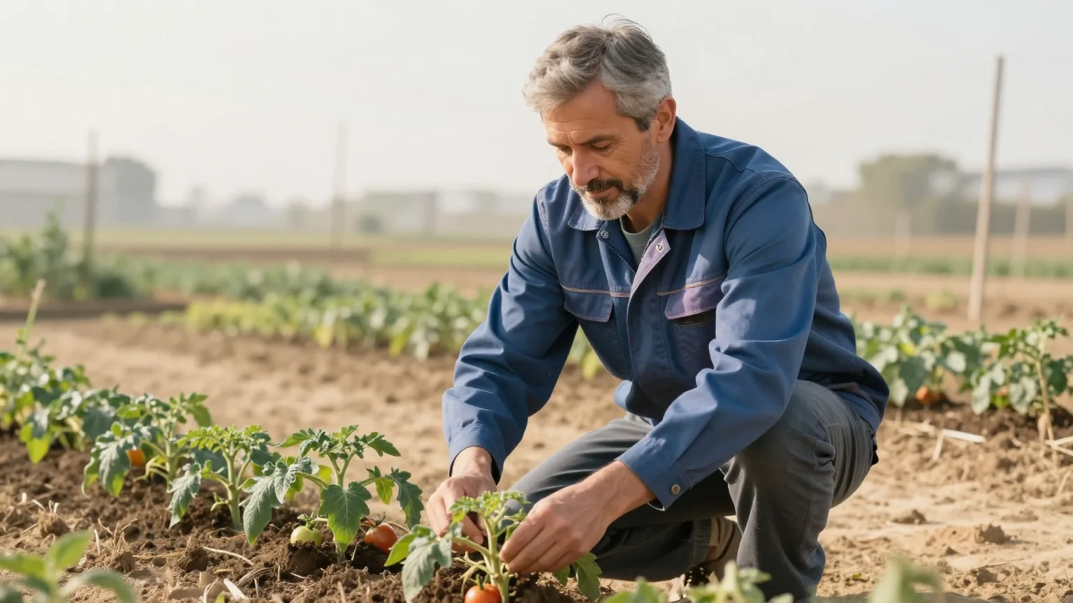 Mann in den Fünfzigern mit kurzen grauen Haaren und gepflegtem Bart bindet an einem ruhigen Morgen Tomatenpflanzen in einem Gemeinschaftsgarten hoch