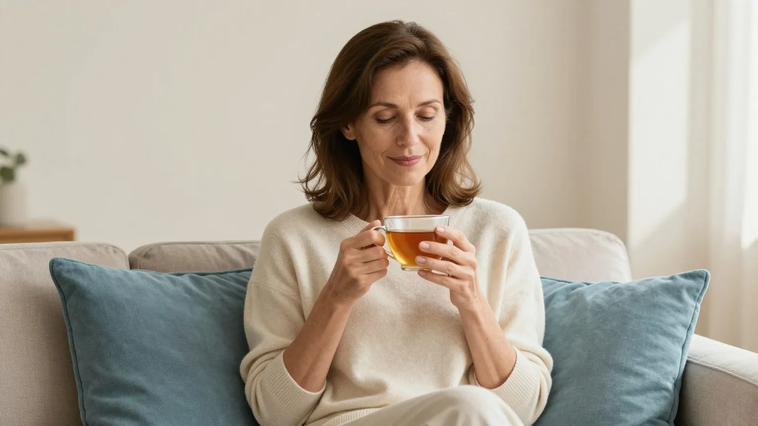 Frau Mitte vierzig sitzt am Nachmittag entspannt mit einer Tasse Kräutertee auf einem Sofa in einem hellen Wohnzimmer
