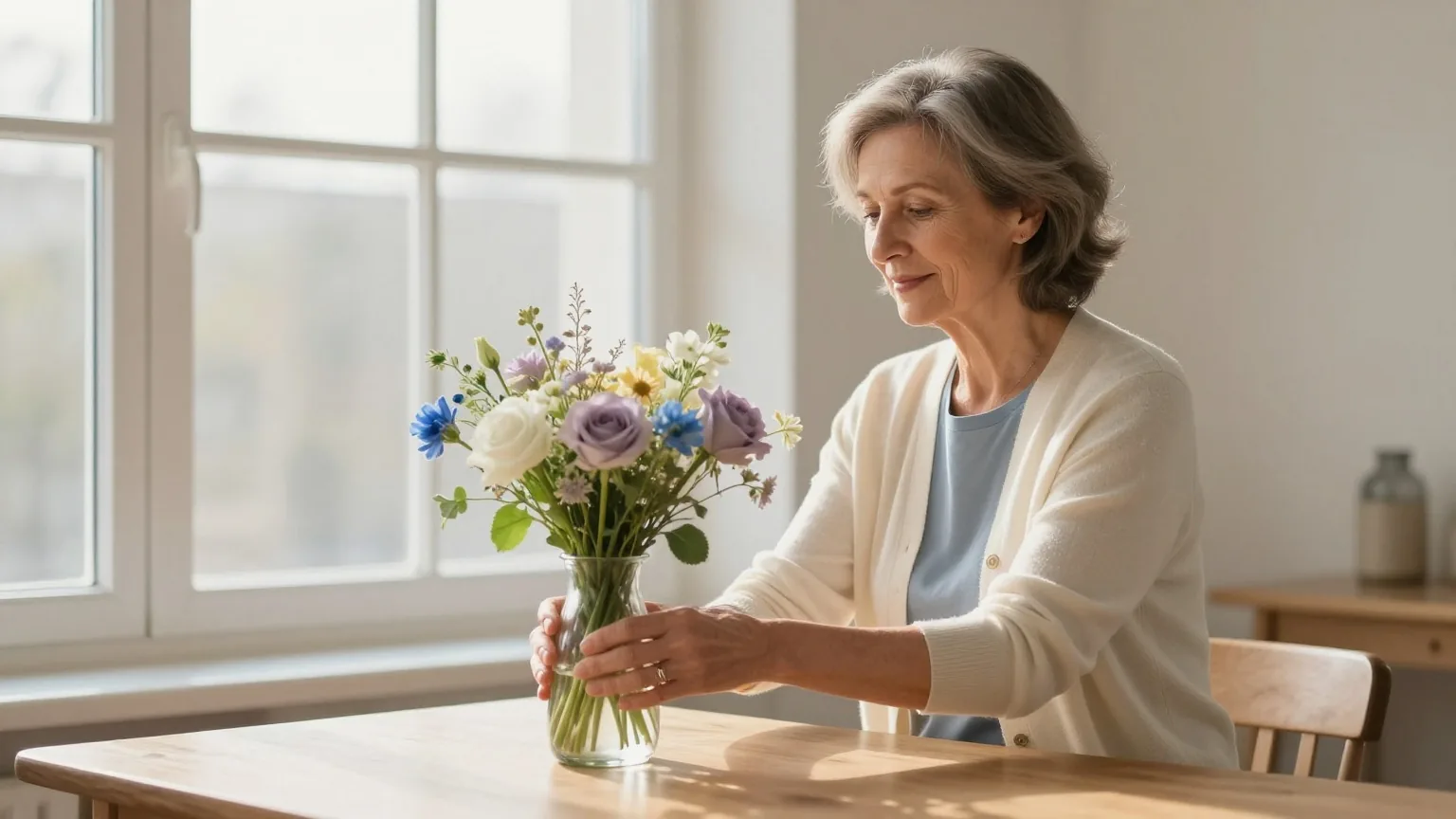 Frau Anfang fünfzig stellt am späten Nachmittag an einem Tisch am Fenster frische Blumen in eine Glasvase