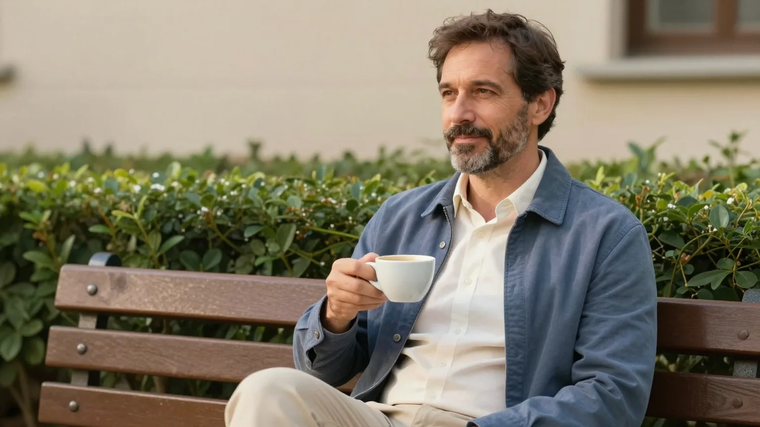 Mann Mitte vierzig mit kurzem dunklem Bart sitzt am Vormittag mit einer Tasse Kaffee entspannt auf einer Gartenbank im Grünen