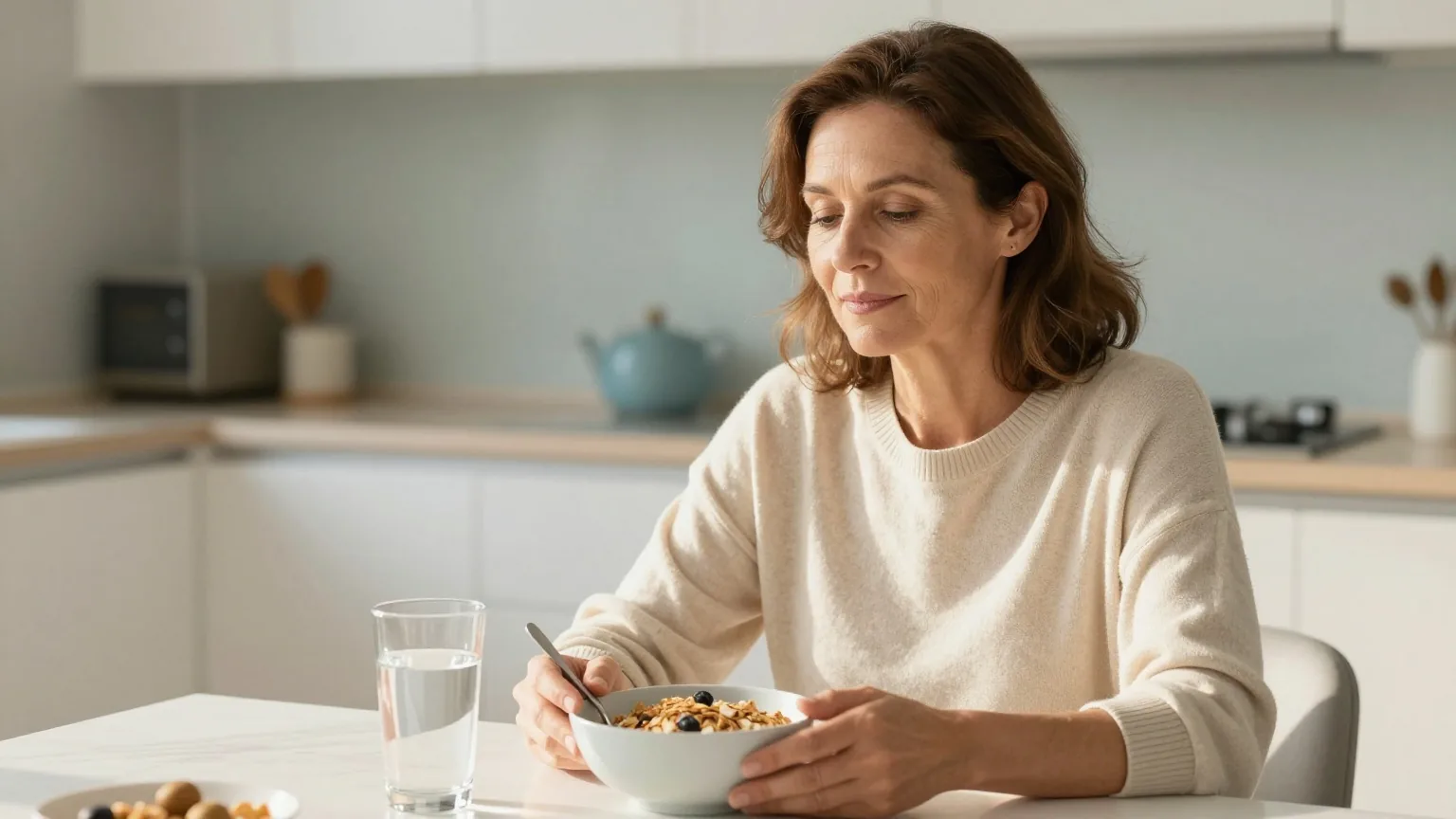 Frau Mitte vierzig sitzt morgens an einem sonnigen Frühstückstisch mit einer Schale Müsli und einem Glas Wasser