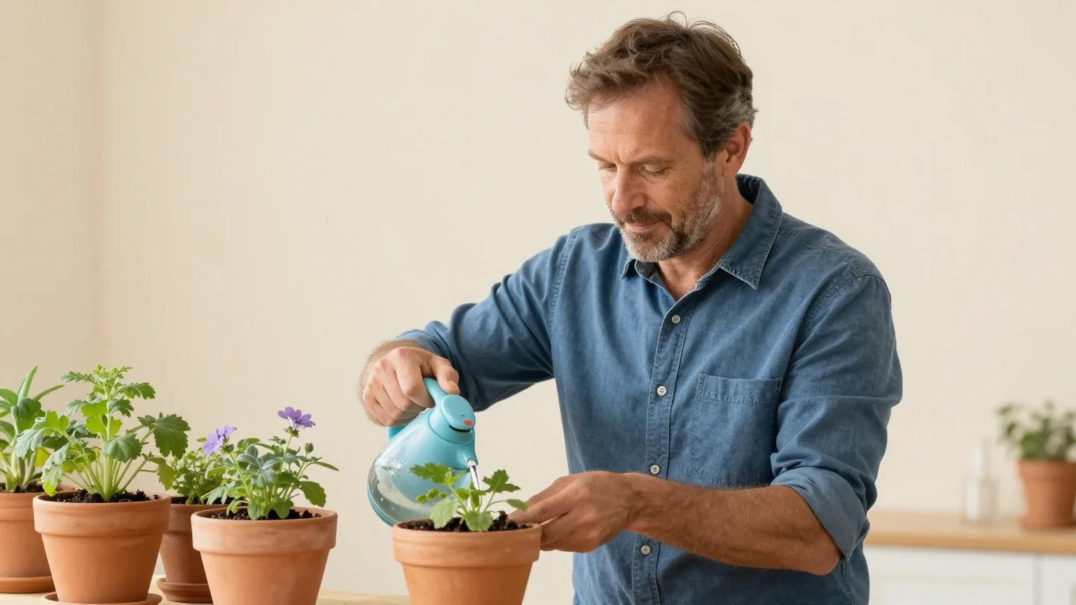 Mann in den Vierzigern mit kurzen braunen Haaren und leichtem Bart gießt am Morgen Pflanzen in einem kleinen, sonnigen Garten